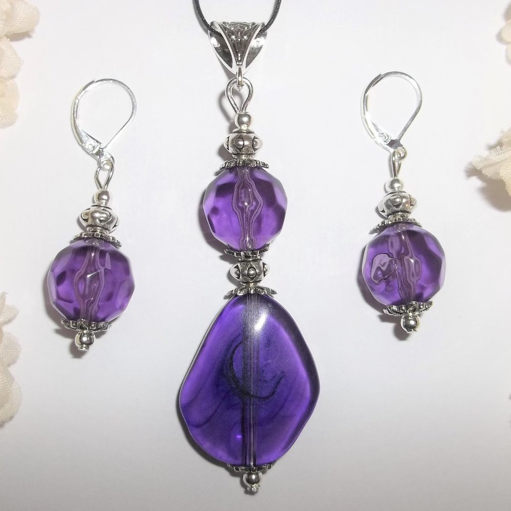 Jewelry Set Purple Silver Earrings and Necklace Fashion Jewelry Beaded Pair 6890